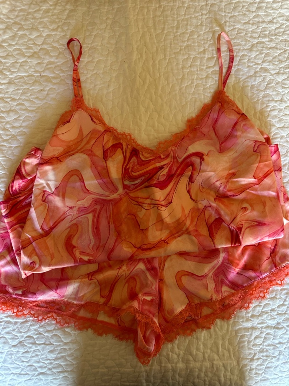 Silky Marble-Print Cami & Shorts Sleep Set - Pink/Coral